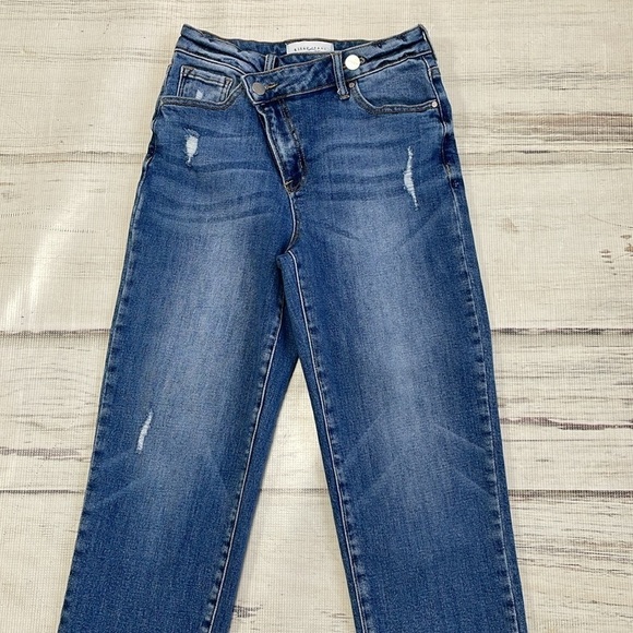 Risen Jeans Women's Juniors 1 / 25 Blue Crossover Distressed Denim Straight Leg - Picture 4 of 13